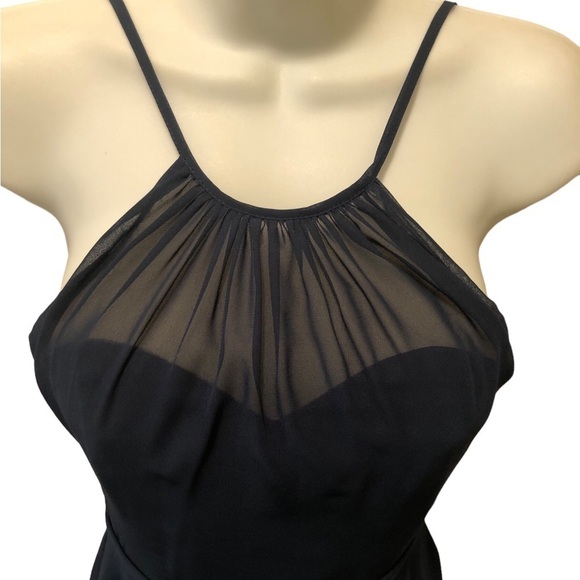 Azazie Alayna Short Bridesmaid A Line Dress Navy Sz J12 High Neck Sheer Chiffon - Picture 9 of 11